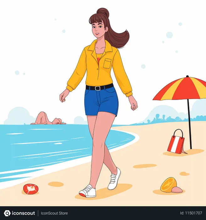 Free A Woman Walking On The Beach  AI Image