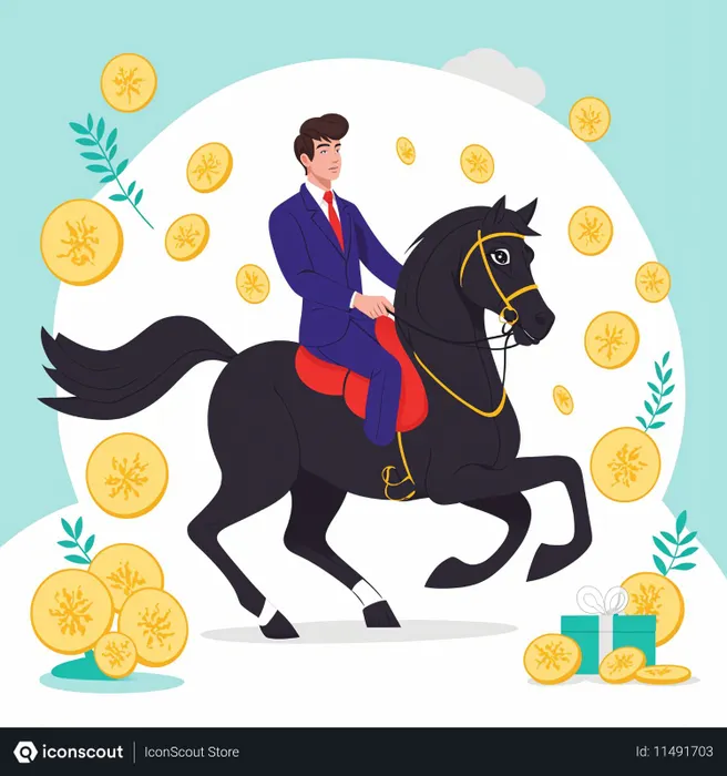 Free 동전과 선물을 싣고 검은 말을 탄 사업가  AI 이미지