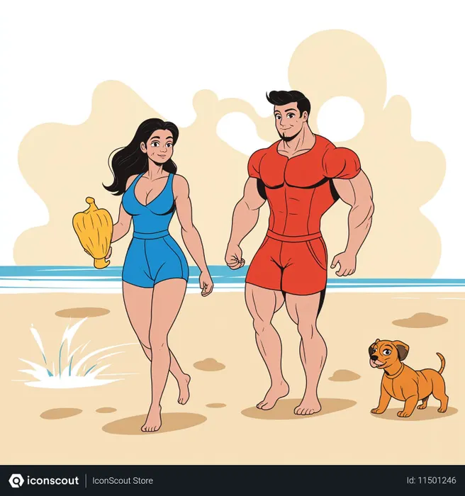 Free Couple walking With A Dog On The Beach  AI Image