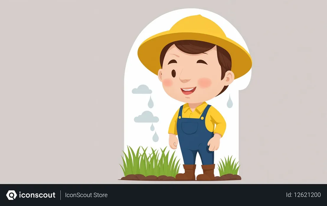 Free Enfant fermier souriant sous la pluie  Image IA