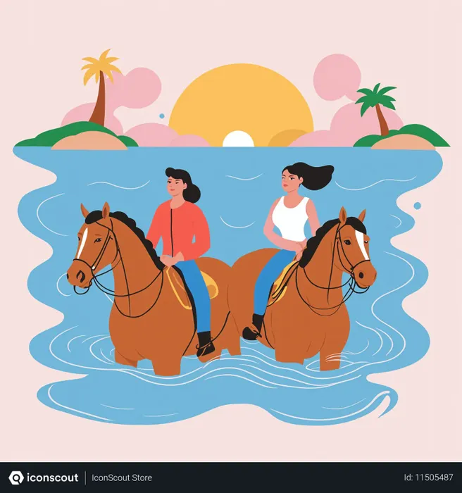 Free Femmes à cheval sur une plage au coucher du soleil  Image IA