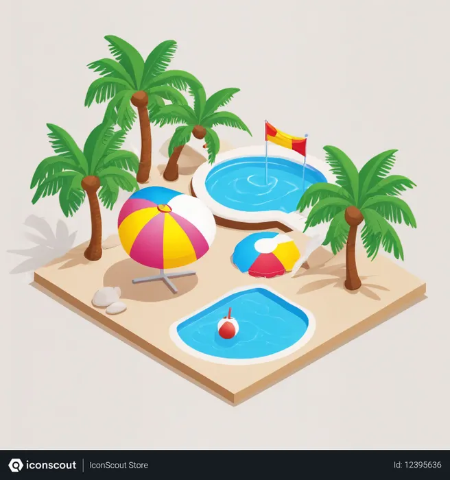 Free Isometric Beach Scene With Pools And Palm Trees  AI Image