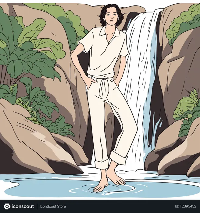 Free Man By Waterfall  AI Image