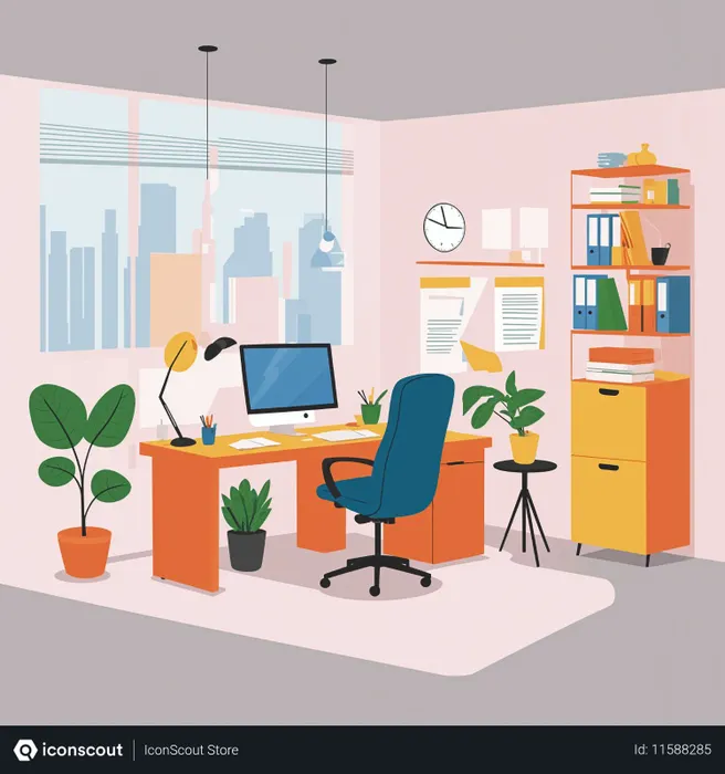 Free Modern Office Workspace With Plants and Computer  AI Image