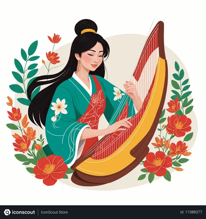 Free Mulher vestida com um quimono tradicional tocando instrumento de cordas  Imagem de IA