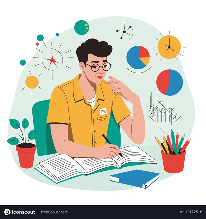 Free Student Studying With Books And Charts  AI Image