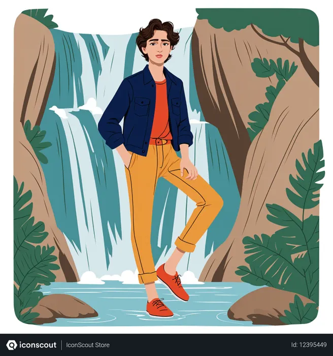 Free Stylish Youth Poses By Waterfall  AI Image