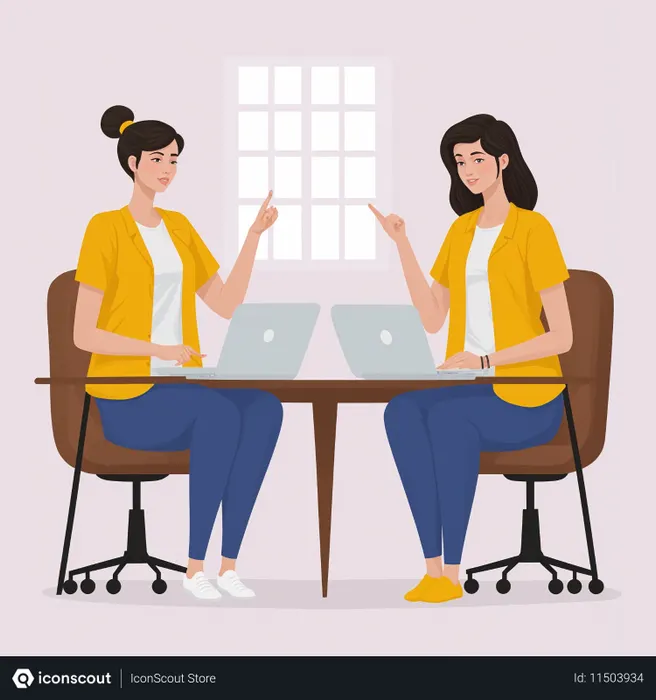 Free オフィスのデスクで仕事について話し合う2人の女性  AI画像