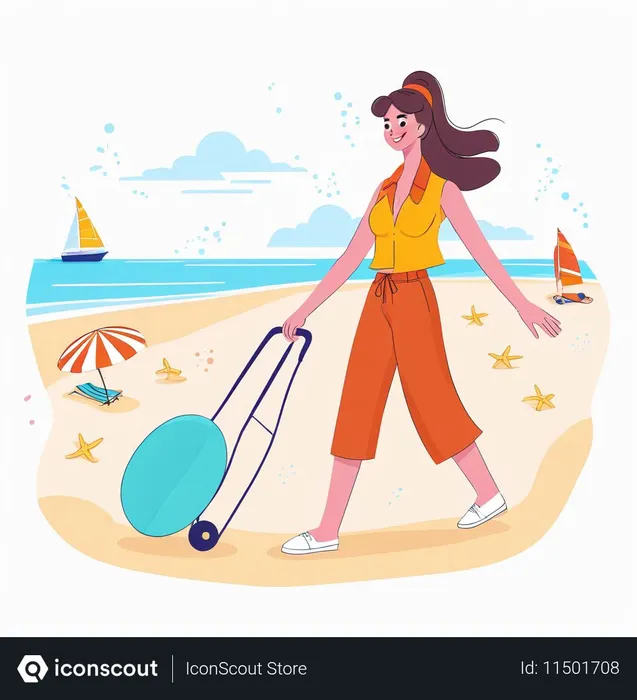 Free Uma mulher na praia com uma bolsa de carrinho  Imagem de IA