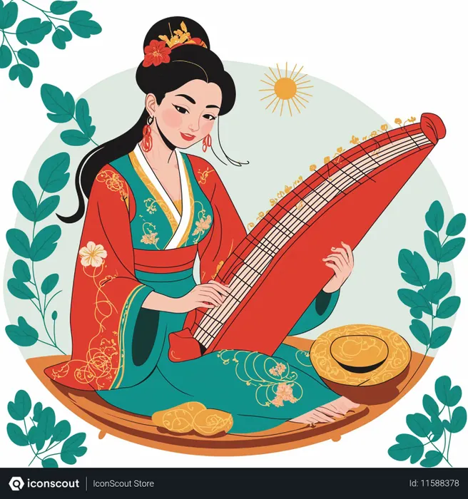 Free 伝統的な着物を着て弦楽器を演奏する女性  AI画像