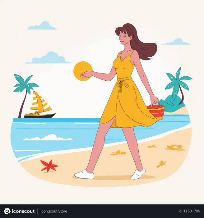 Free Woman Enjoying A Beach Walk On A Summer Day  AI Image