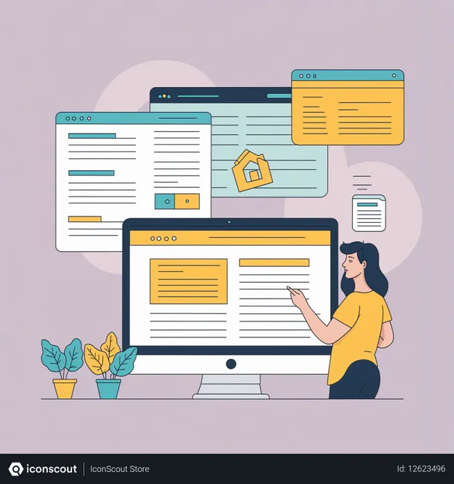 Free 웹 디자인 인터페이스 작업하는 여성  AI 이미지