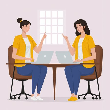 Free AI Two Women Discussing Work At Office Desk  Image