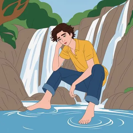 Free Boy Sitting By Waterfall  AI Image