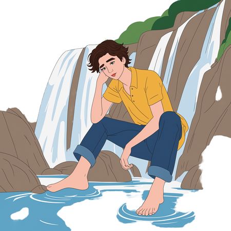 Free Boy Sitting By Waterfall  AI Image