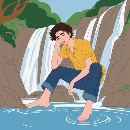 Free Boy Sitting By Waterfall  AI Image