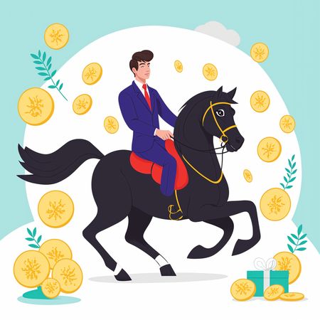 Free Businessman Riding Black Horse With Coins And Gifts  AI Image