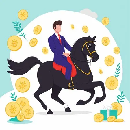 Free Businessman Riding Black Horse With Coins And Gifts  AI Image