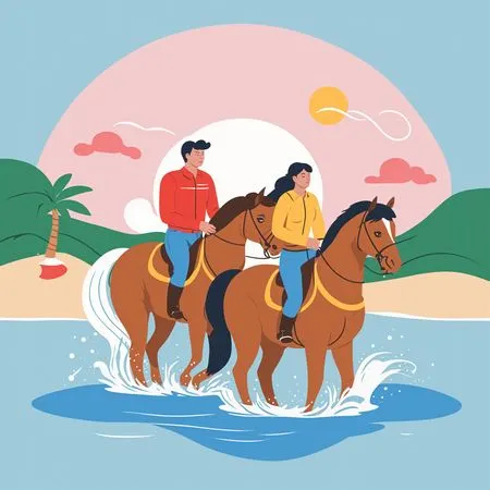 Free Couple Horse Riding At Beach During Sunset  AI Image