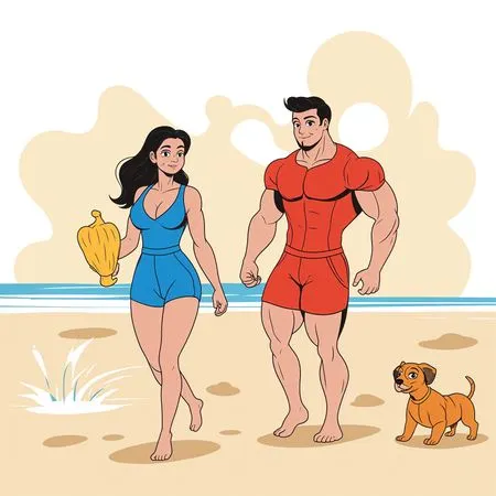 Free Couple walking With A Dog On The Beach  AI Image