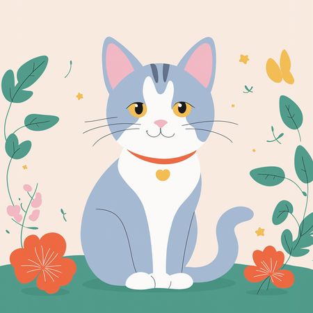Free Cute Cat With Flowers And Butterflies  AI Image