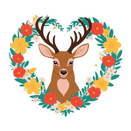 Free Deer With Antlers Inside A Floral Heart Frame  AI Image