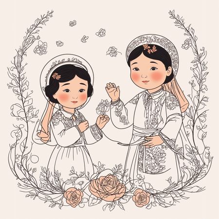Free Enfants en vêtements traditionnels entourés de fleurs  AI Image