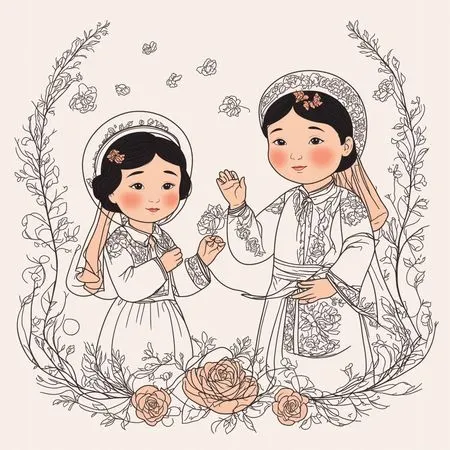 Free Enfants en vêtements traditionnels entourés de fleurs  AI Image