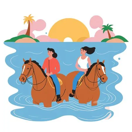 Free Femmes à cheval sur une plage au coucher du soleil  AI Image