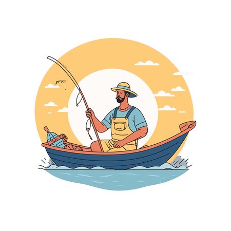 Free Fisherman In Boat At Sea With Fishing Rod  AI Image