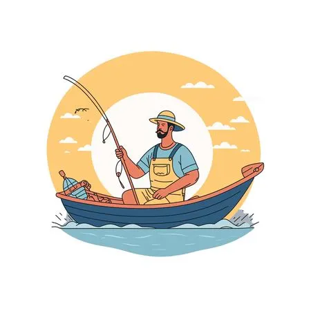 Free Fisherman In Boat At Sea With Fishing Rod  AI Image