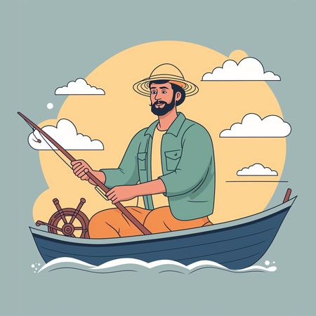 Free Fisherman On Boat With Fishing Rod  AI Image