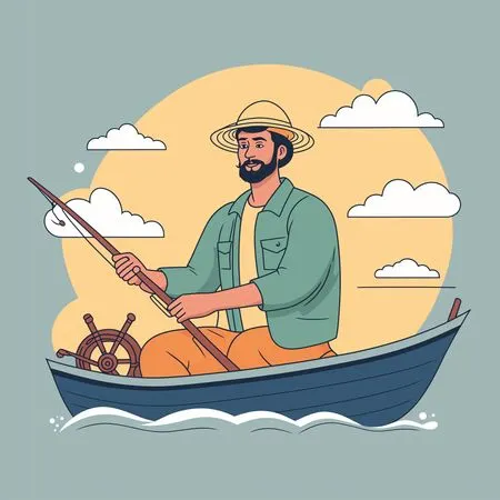 Free Fisherman On Boat With Fishing Rod  AI Image