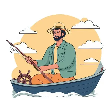 Free Fisherman On Boat With Fishing Rod  AI Image