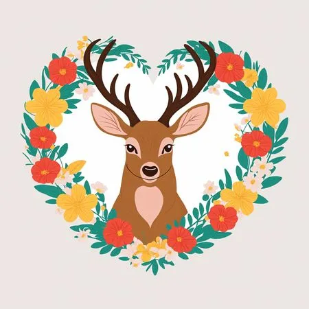 Free Hirsch mit Geweih in einem floralen Herzrahmen  KI-Bild