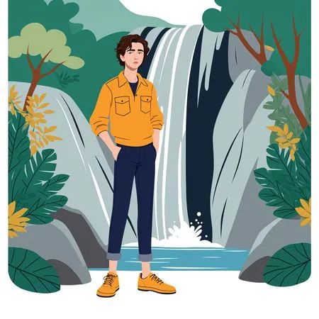 Free Man By Waterfall In Forest  AI Image