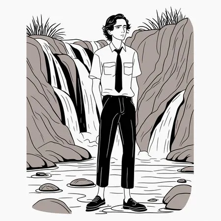 Free Man In Formal Attire By Waterfall  AI Image