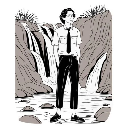 Free Man In Formal Attire By Waterfall  AI Image