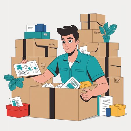 Free Man Sorting Documents In A Warehouse.  AI Image