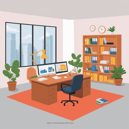 Free Modern Office Workspace With Desk and Bookshelf  AI Image
