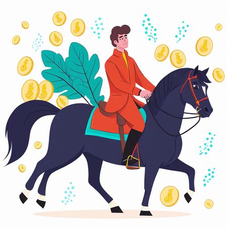 Free Reiter auf Pferd, umgeben von Münzen  AI Image