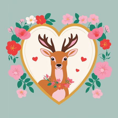 Free Romantic Deer In Floral Heart Frame  AI Image