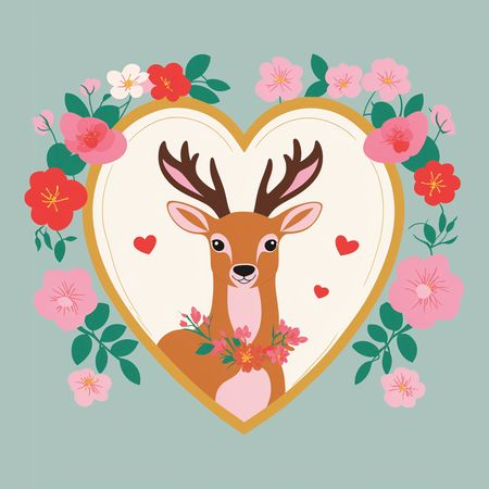Free Romantic Deer In Floral Heart Frame  AI Image