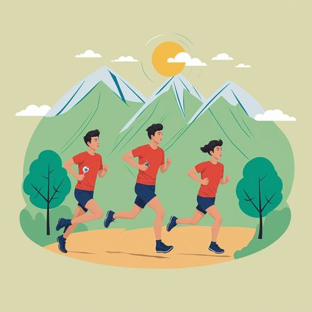 Free Tres personas corriendo en un paisaje montañoso  Imagen AI