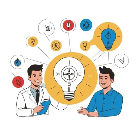 Free Two People Discussing Ideas With Light Bulbs Symbolizing Creativity  AI Image