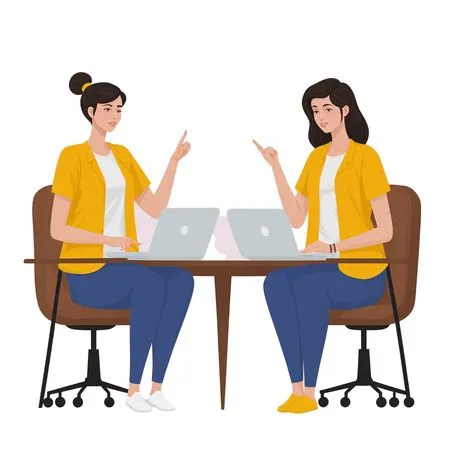 Free Two Women Discussing Work At Office Desk  AI Image