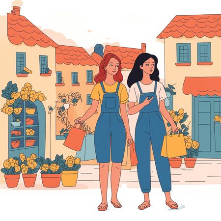Free Two Women Shopping In Charming Street Market  AI Image