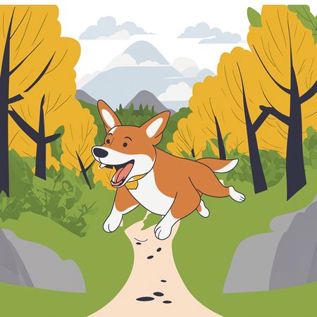 Free Un joyeux corgi courant sur un chemin forestier  AI Image