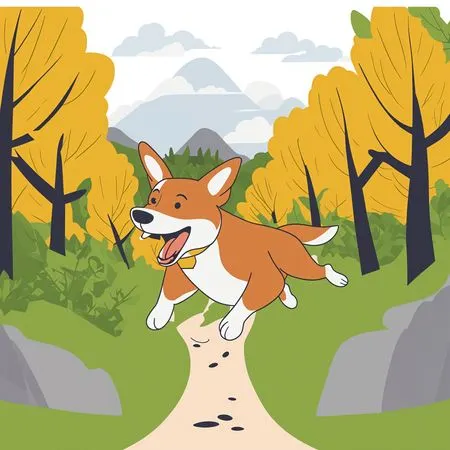 Free Un joyeux corgi courant sur un chemin forestier  AI Image