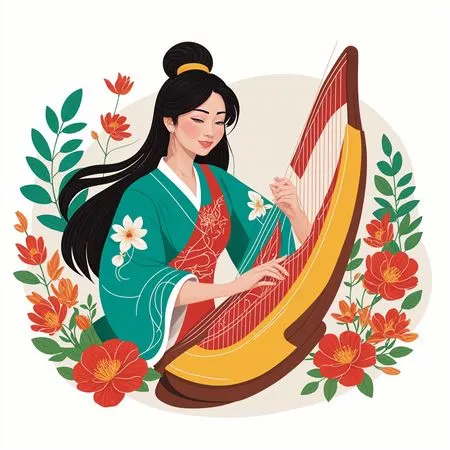 Free Woman dressed in a traditional kimono playing string instrument  AI Image